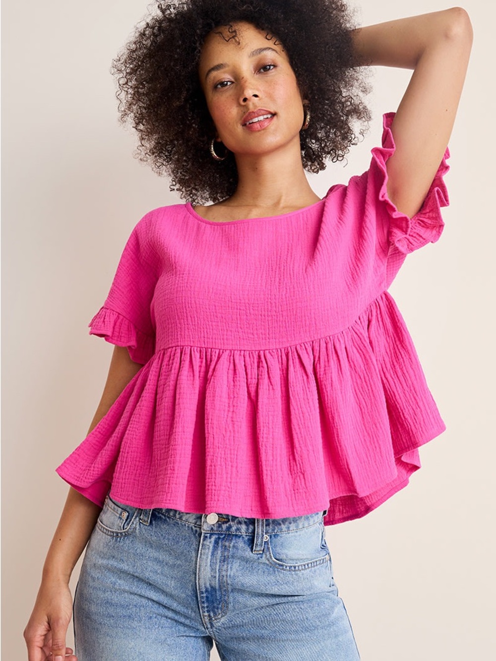 Francesca’s Gauze Babydoll Boho Top XL Cotton Peplum Cottagecore Blouse Hot Pink